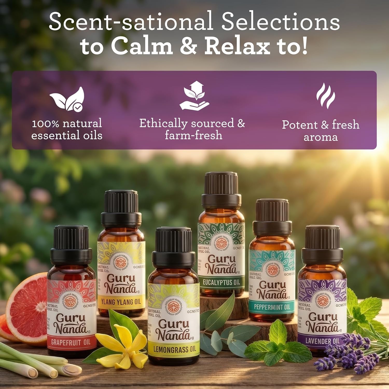 Guru Nanda (Set of 6) Therapeutic Grade Essential Oils - 100% Pure & Natural Aromatherapy Single Notes for Oil Diffusers & Topical Use - Lavender, Peppermint, Eucalyptus, Orange, Lemongrass, Cedarwood