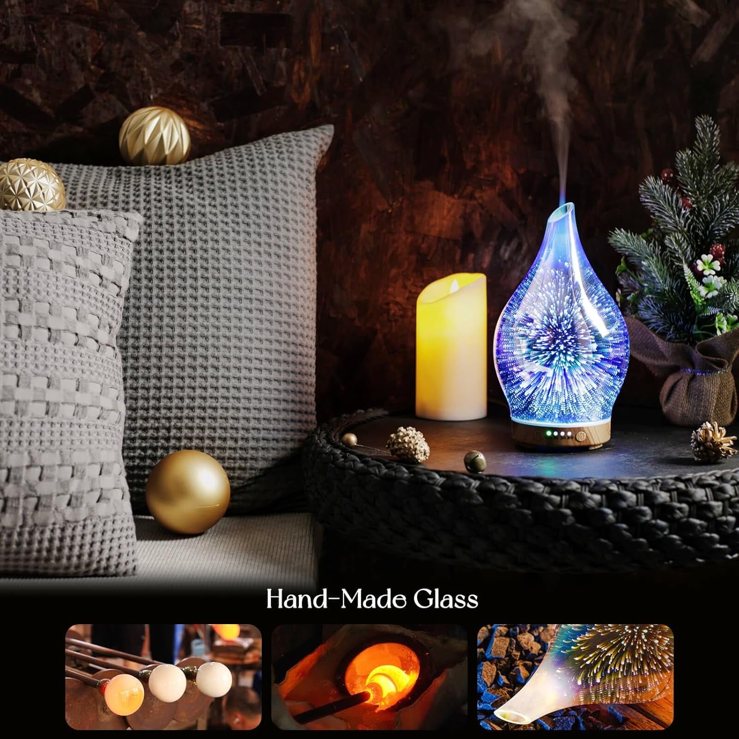 Essential Oil Diffuser 3D Glass Aromatherapy Ultrasonic Humidifier, Air Refresh Auto Shut-Off, Timer Setting, BPA Free for Home Hotel Yoga Leisure SPA Gift 100Ml Last 4H